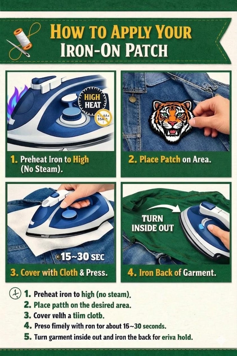 Puede incluir: Imagen instructiva que detalla c&oacute;mo aplicar un parche termoadhesivo. Los pasos incluyen precalentar la plancha, colocar el parche, cubrir con tela, presionar durante 15-30 segundos y planchar la parte posterior de la prenda. Se muestra una plancha azul.