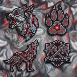 May include: Set of four embroidered patches featuring wolf designs. Includes a snarling wolf head, a wolf paw print with a red center, a howling wolf, and a shield with two wolf heads and the text "CYBERPACK".