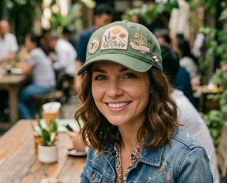 Puede incluir: Gorra de b&eacute;isbol verde con parches bordados que representan un sol, flores y una br&uacute;jula. La gorra tiene una visera curva y est&aacute; adornada con peque&ntilde;os adornos perlados. La palabra "Wanderlust" es visible.