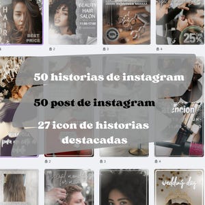 plantillas de canva de hair salon que contiene post de instagram, historias de instagram y icon de historias destacadas hair salon