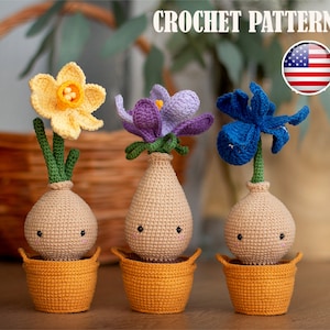 SET Amigurumi pattern crochet Flowers in baskets, Amigurumi flowers, Amigurumi basket, PDF tutorial