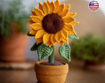 Crochet sunflower pot, pattern autumn flower, decor amigurumi pdf tutorial