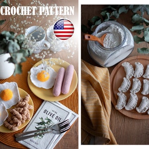 May include: A crochet pattern image featuring handmade food items. Includes crocheted fried eggs, sausages, and pierogis. The text "CROCHET PATTERN" is at the top. The image also includes a jar of flour, a wooden spoon, and a napkin with the text "EXTRA OLIVE OIL".