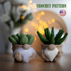 Op de afbeelding: Twee gehaakte succulenten-dwergen, een met een groene succulent en de andere met een lichtgroene succulent. Beide dwergen dragen bruine potten met witte gehaakte baarden en voeten.