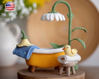 Häkelanleitung für eine Badewanne, Amigurumi-Ente, Gänseblümchen, Badezimmerdeko (PDF-Anleitung)