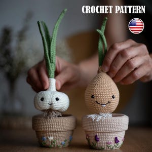 Crochet vegetables: garlic and onion in pot, amigurumi pattern, pdf tutorial