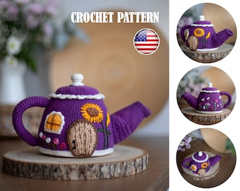 Amigurumi pattern crochet teapot house with embroidery, teapot decoration, house teapot, pattern teapot, cozy teapot, PDF tutorial