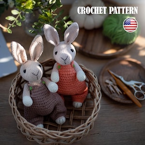 ZESTAW Wzór szydełkowy: Zajączek wielkanocny w ubrankach, zabawki amigurumi w kombinezonie (samouczek PDF)