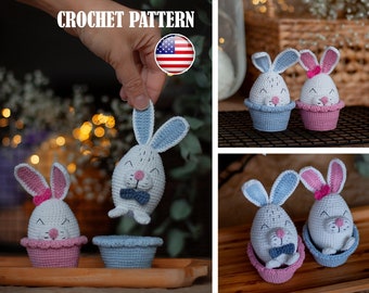 Amigurumi pattern crochet Easter Bunny in baskets, Amigurumi Easter, Amigurumi ornaments, Pattern crochet Easter ornaments, PDF tutorial