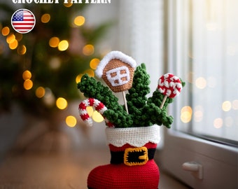 Pattern crochet Santa boot ans decoration: pattern lollipop, pattern caramel cane, pattern gingerbread house, Pattern Christmas PDF tutorial