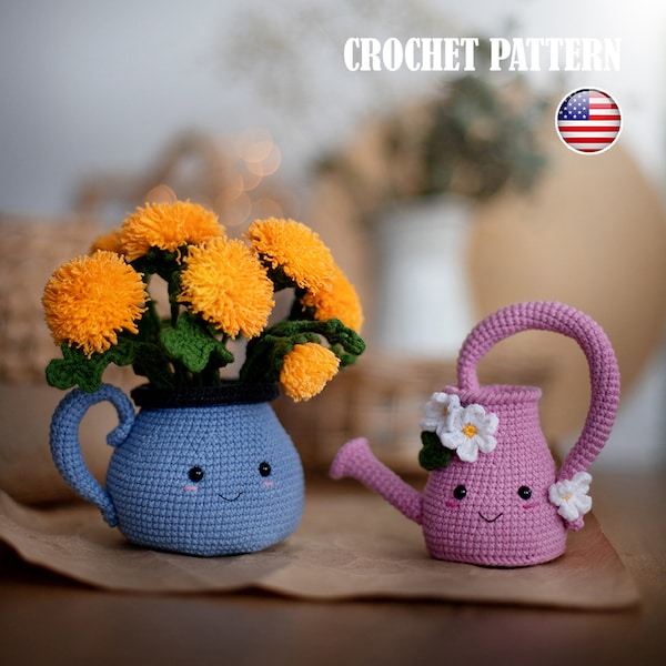 SET Amigurumi pattern crochet Dandelions in mug and a Watering can, Amigurumi Dandelions, Amigurumi Watering can, PDF tutorial