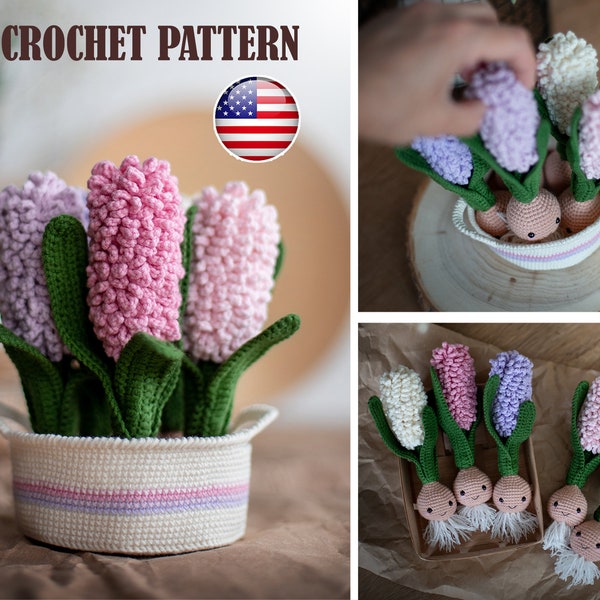 Amigurumi pattern crochet Hyacinths in basket, Amigurumi Hyacinth, Amigurumi basket, Pattern Hyacinth, PDF tutorial