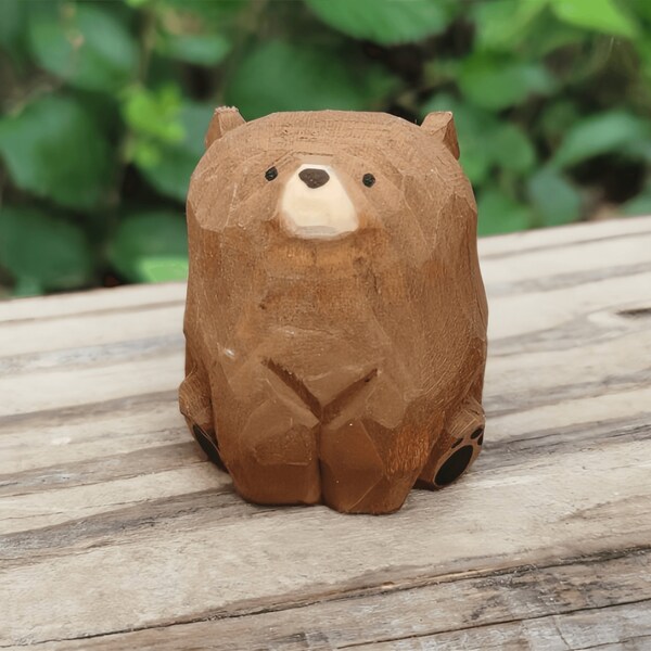 Mini modèle d'ours à sculpter sur bois fait main, figurine animal en bois, travaux manuels miniatures pour décoration de bureau, cadeau fait main unique