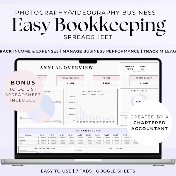 Einfache Buchhaltungs-Spreadsheet-Vorlage für Fotografen-Videografen-Business, Google Sheets Income Expense Tracker, Fotografie Videograph