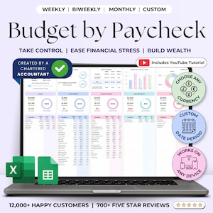 May include: A laptop computer displaying a spreadsheet with a budget by paycheck template. The spreadsheet is colorful and includes charts and graphs. The template is customizable and works on any device. The text on the screen reads "Budget by Paycheck" and "Created by a Chartered Accountant".