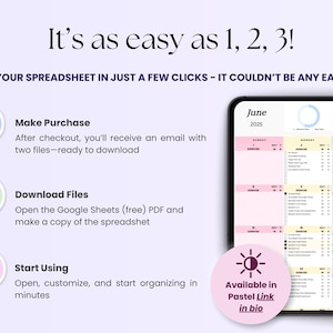 May include: A digital spreadsheet template displayed on a tablet screen, with a pastel color scheme and the text "June 2025." The image includes instructions: "Make Purchase," "Download Files," and "Start Using."