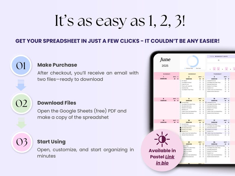 May include: A digital spreadsheet template displayed on a tablet screen, with a pastel color scheme and the text "June 2025." The image includes instructions: "Make Purchase," "Download Files," and "Start Using."