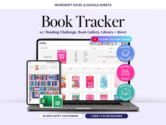 Book Tracker Reading List Planner Digital Book TBR Journal Google Sheets Review Journal Library Excel 2026 Reading Challenge Book Lover Gift