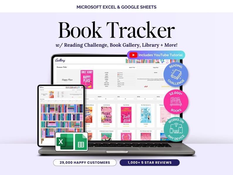 Book Tracker, pianificatore di elenchi di lettura, diario TBR di libri digitali, diario di revisione di Google Sheets, biblioteca Excel 2026, sfida di lettura, regalo per amanti dei libri immagine 1