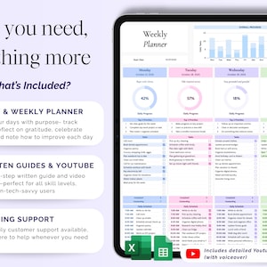 May include: A digital weekly planner displayed on a tablet screen. The planner features sections for daily tasks, progress tracking, and a detailed YouTube tutorial. The image includes text that says "All you need, nothing more" and "What's Included?"