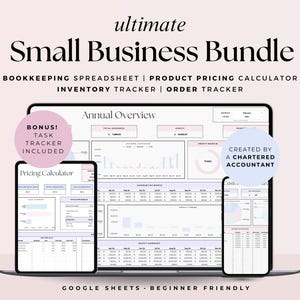 Peut inclure: Un ordinateur portable affichant un tableur Google Sheets intitulé "Ultimate Small Business Bundle". Le tableur comprend des onglets pour la tenue de livres, le calcul des prix des produits, l'inventaire et le suivi des commandes. Le texte "Créé par un expert-comptable agréé" est également visible à l'écran.