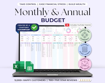 May include: A laptop computer displaying a spreadsheet with a colorful monthly and annual budget template. The spreadsheet is created by a chartered accountant and includes a YouTube tutorial. The image also includes icons for choosing any currency, flexible start month, and working on any device. The text "12,000+ Happy Customers | 700+ Five Star Reviews" is displayed at the bottom of the image.
