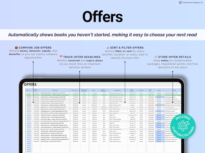 May include: A digital tablet displays a spreadsheet titled "Offers" with data columns. The image includes text: "Compare Job Offers," "Track Offer Deadlines," "Sort & Filter Offers," and "Store Offer Details." A teal badge states "Includes Custom Columns."