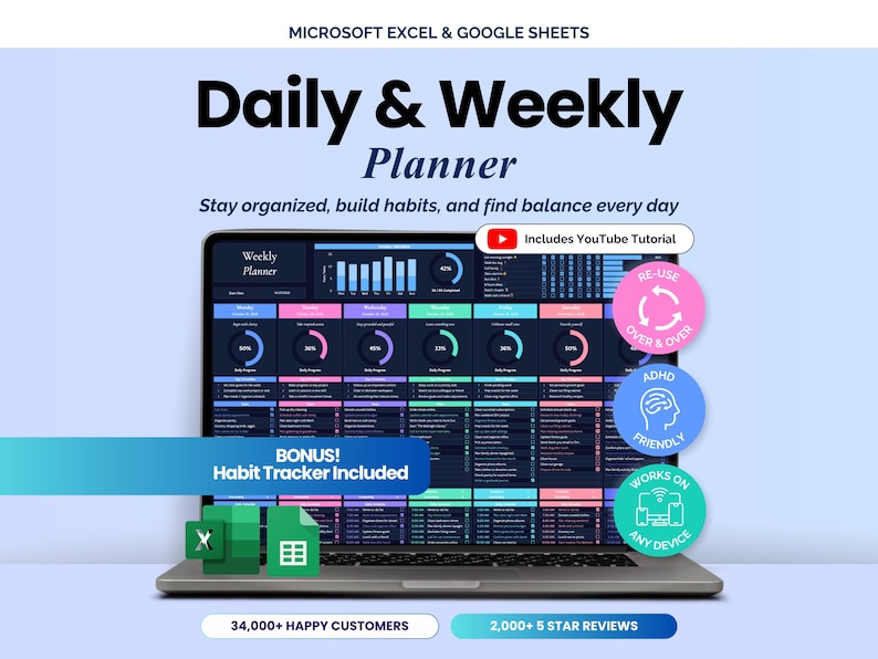 May include: A laptop displays a Daily & Weekly Planner template for Microsoft Excel and Google Sheets. The screen shows a colorful, organized layout with charts and graphs. Text includes "Stay organized, build habits, and find balance every day." Bonus: Habit Tracker Included.