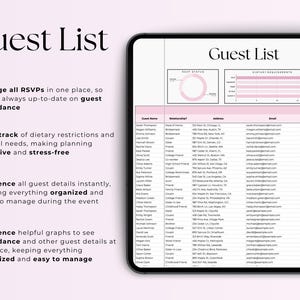 May include: A digital guest list spreadsheet with columns for guest name, relationship, address, email, phone, and RSVP status. The spreadsheet is on a tablet with a pink background. The text "Guest List" is at the top of the spreadsheet.