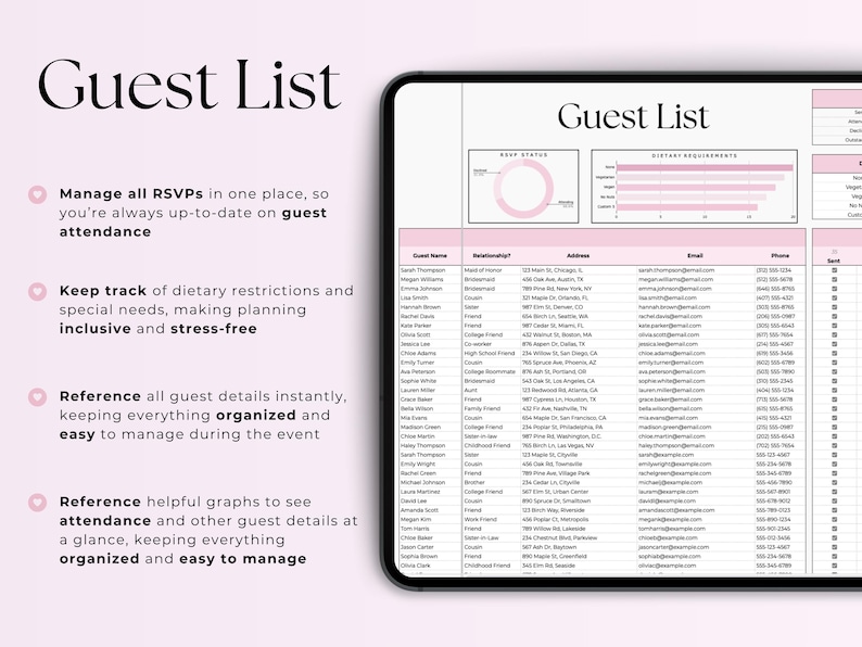 May include: A digital guest list spreadsheet with columns for guest name, relationship, address, email, phone, and RSVP status. The spreadsheet is on a tablet with a pink background. The text "Guest List" is at the top of the spreadsheet.