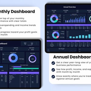 May include: Two digital tablets displaying business dashboards. One shows a monthly overview with charts and data, the other an annual overview. The dashboards feature charts, graphs, and data tables in shades of blue, purple, and white.