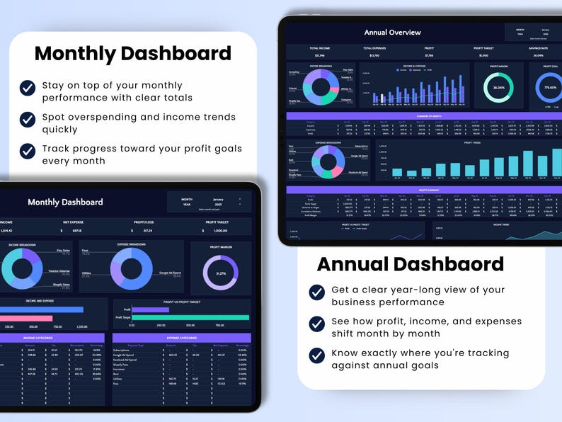 May include: Two digital tablets displaying business dashboards. One shows a monthly overview with charts and data, the other an annual overview. The dashboards feature charts, graphs, and data tables in shades of blue, purple, and white.