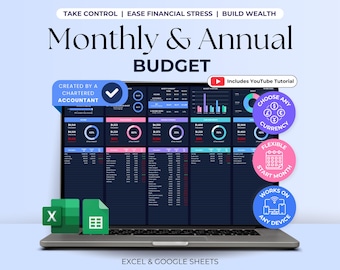 Monthly Budget Annual Budget Spreadsheet Excel Paycheck Budget Template Google Sheets Income Expense Tracker Digital Personal Budget Planner