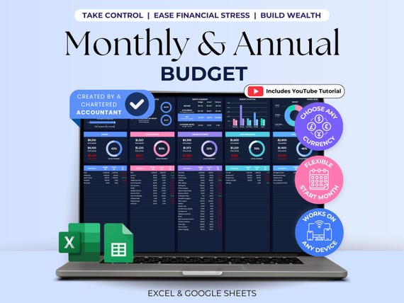 Monthly Budget Annual Budget Spreadsheet Excel Paycheck Budget Template Google Sheets Income Expense Tracker Digital Personal Budget Planner