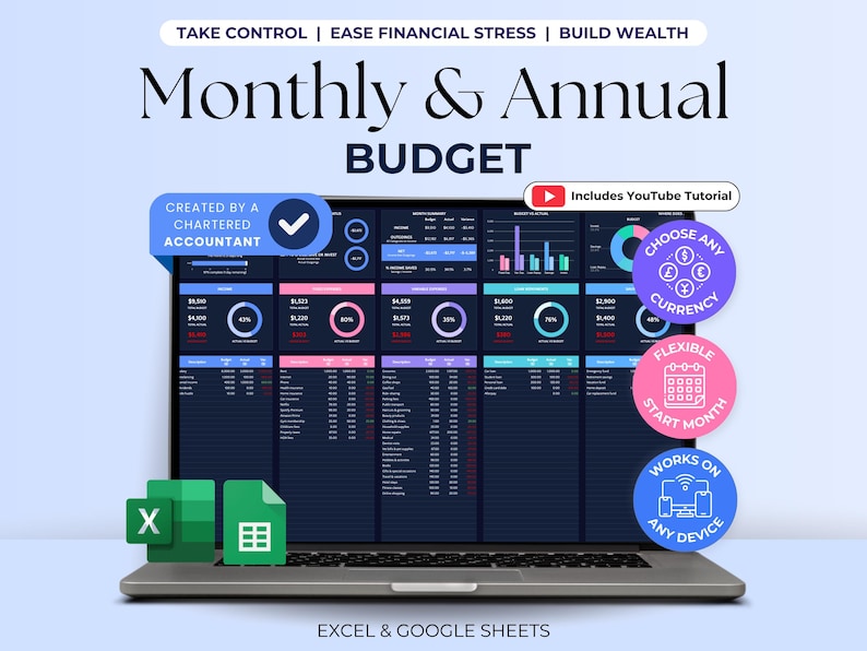 May include: A laptop computer displaying a spreadsheet with a monthly and annual budget template. The spreadsheet is designed to help users track their income and expenses. The template is created by a chartered accountant and includes a YouTube tutorial. The template is compatible with Excel and Google Sheets.