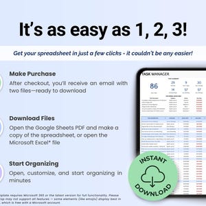 Puede incluir: Gr&aacute;fico digital con el texto "&iexcl;Es tan f&aacute;cil como 1, 2, 3!" e instrucciones para comprar, descargar y organizar una hoja de c&aacute;lculo. Un c&iacute;rculo verde con "Descarga instant&aacute;nea" est&aacute; en la esquina inferior derecha. Una tableta muestra un administrador de tareas.