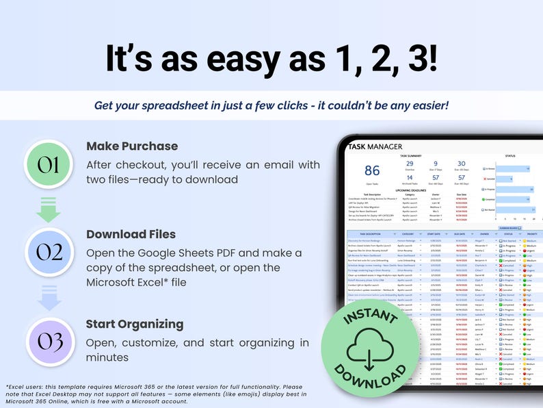 Puede incluir: Gr&aacute;fico digital con el texto "&iexcl;Es tan f&aacute;cil como 1, 2, 3!" e instrucciones para comprar, descargar y organizar una hoja de c&aacute;lculo. Un c&iacute;rculo verde con "Descarga instant&aacute;nea" est&aacute; en la esquina inferior derecha. Una tableta muestra un administrador de tareas.