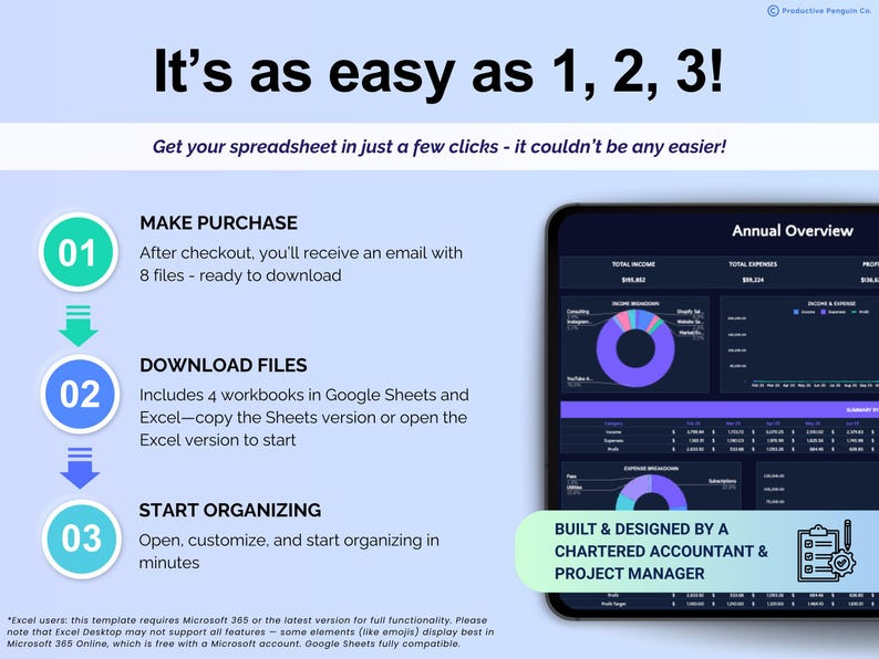 Puede incluir: Infograf&iacute;a con el texto "&iexcl;Es tan f&aacute;cil como 1, 2, 3!" e instrucciones para comprar, descargar y organizar una hoja de c&aacute;lculo. Una tableta muestra una descripci&oacute;n general financiera. Dise&ntilde;ado por un contador p&uacute;blico y gestor de proyectos.