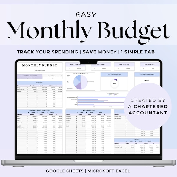 Easy 2024 Monthly Budget Planner Spreadsheet Template, Digital Financial Planner Google Sheets Excel, Annual Money Paycheck Tracker, Salary