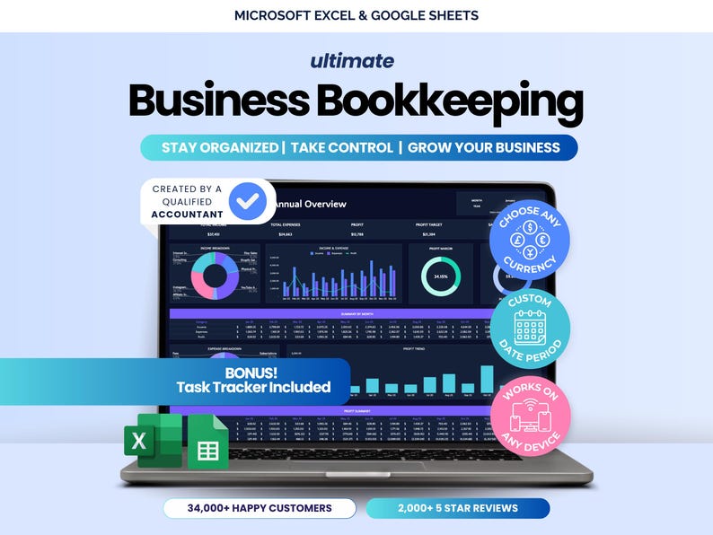 May include: A laptop displaying a business bookkeeping dashboard with charts and graphs. The screen shows the text "Business Bookkeeping" and "Task Tracker Included". Additional icons indicate currency options, custom date periods, and device compatibility.