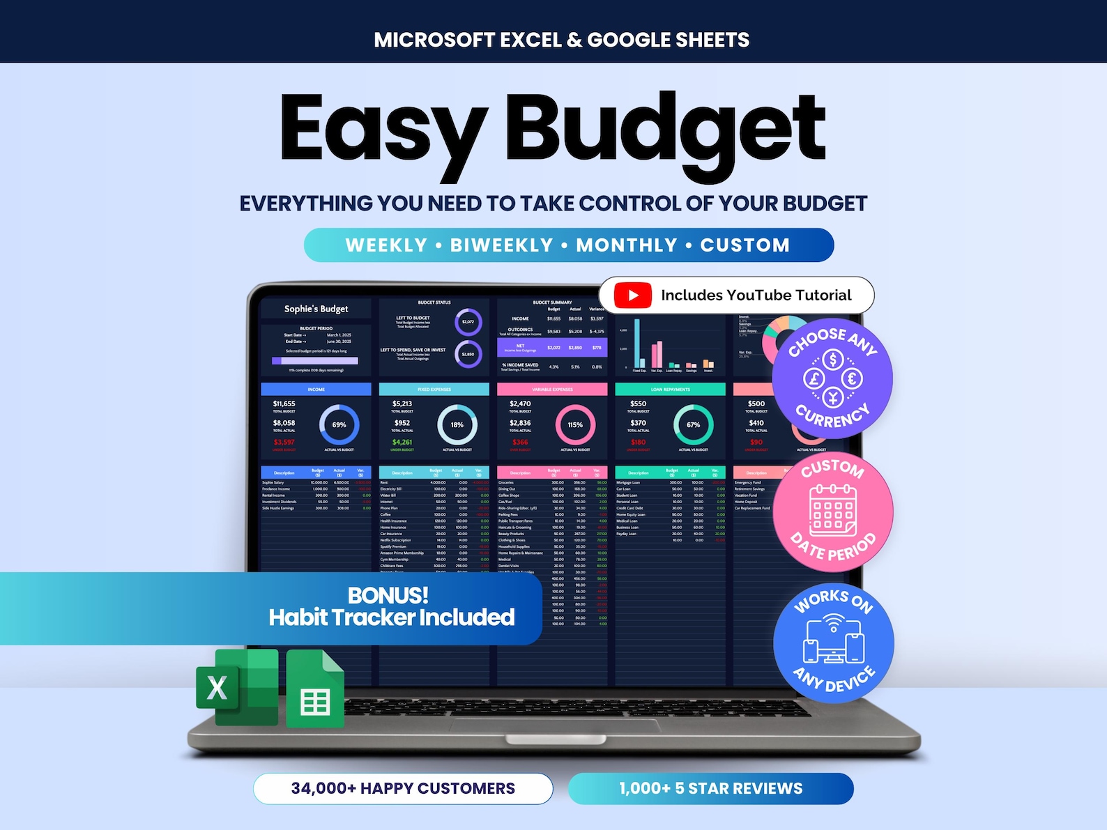 Monthly Budget Spreadsheet Excel Easy Budget by Paycheck Google Sheets ...