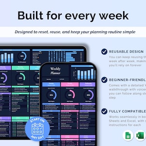 May include: Digital weekly planner displayed on a tablet and smartphone. The planner features a dark blue background with pink, purple, and blue accents. Text on the image includes "Built for every week" and "Weekly Planner."