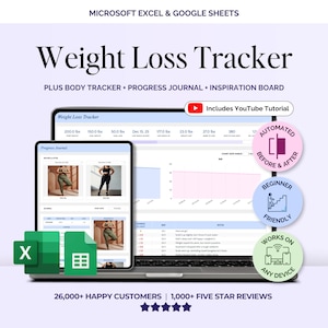 Hoja de cálculo de seguimiento de pérdida de peso, Hojas de cálculo de Excel, Planificador digital de Google, Registro de medidas corporales, Calculadora de IMC, Tablero de visión para el control de peso.