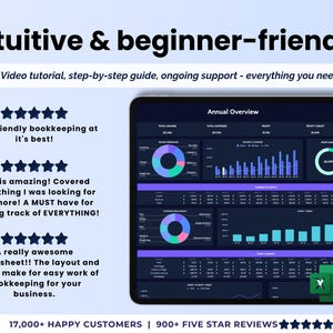 May include: A digital tablet displays a financial dashboard with charts and data visualizations. The screen shows an "Annual Overview" with various graphs and tables. Text at the top reads "Intuitive & beginner-friendly". The image also includes customer reviews.