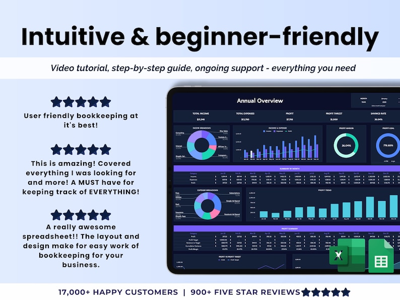 May include: A digital tablet displays a financial dashboard with charts and data visualizations. The screen shows an "Annual Overview" with various graphs and tables. Text at the top reads "Intuitive & beginner-friendly". The image also includes customer reviews.