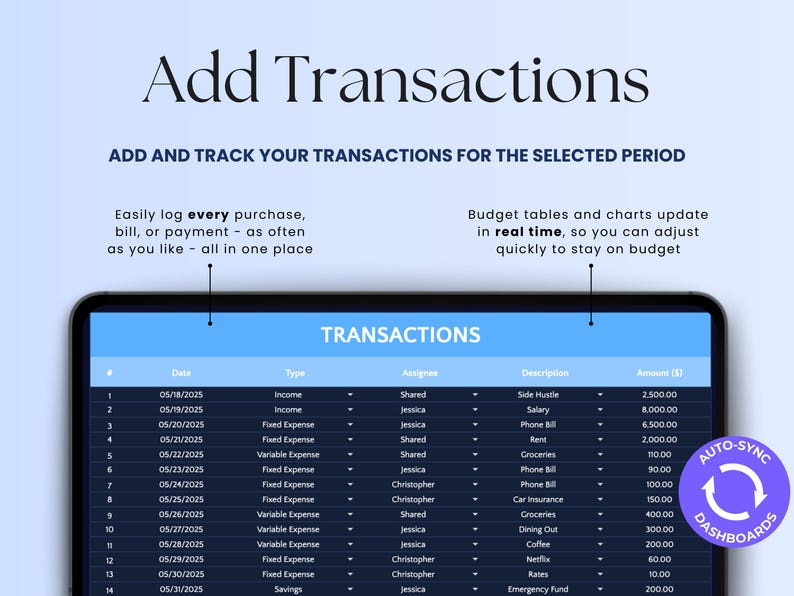May include: A digital tablet displays a financial transaction log with the title "Transactions." The screen shows a table with columns for date, type, assignee, description, and amount. Text at the top reads "Add Transactions."