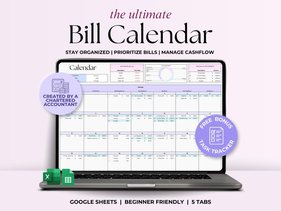 Bill Tracker Spreadsheet Google Sheets Bill Calendar Excel Editable ...