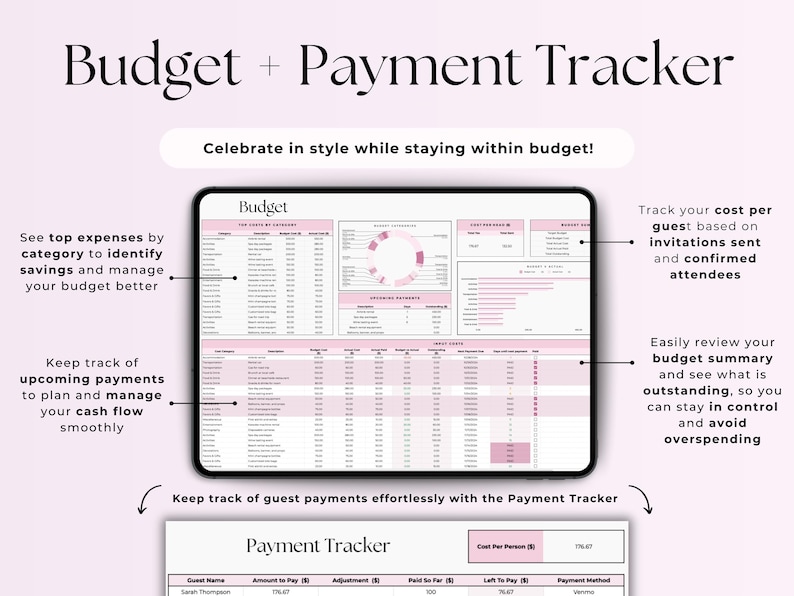 May include: A digital tablet displaying a pink and white budget tracker spreadsheet with the title "Budget". The spreadsheet includes sections for tracking expenses by category, upcoming payments, and a budget summary. The tablet is on a pink background with text that reads "Budget + Payment Tracker" and "Celebrate in style while staying within budget!"