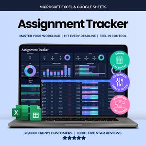 Assignment Tracker Spreadsheet 2026 Google Sheets Digital Student Planner Excel Homework Exam Assessment Planner Academic College Calendar