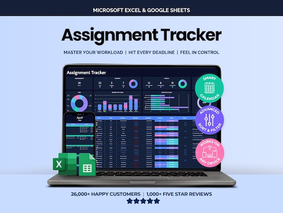 Assignment Tracker Spreadsheet 2026 Google Sheets Digital Student Planner Excel Homework Exam Assessment Planner Academic College Calendar